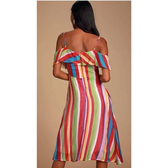 LuLus Multicolor Rainbow Striped Yacht Rock Off the Shoulder Wrap Midi Dress - Picture 2 of 10